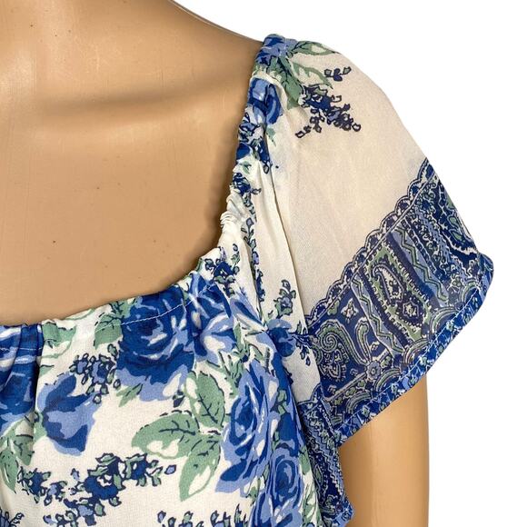 Joie Taj Delft Blue Floral Border Print Silk Flutter Sleeve Peasant Blouse SZ M - Picture 6 of 13